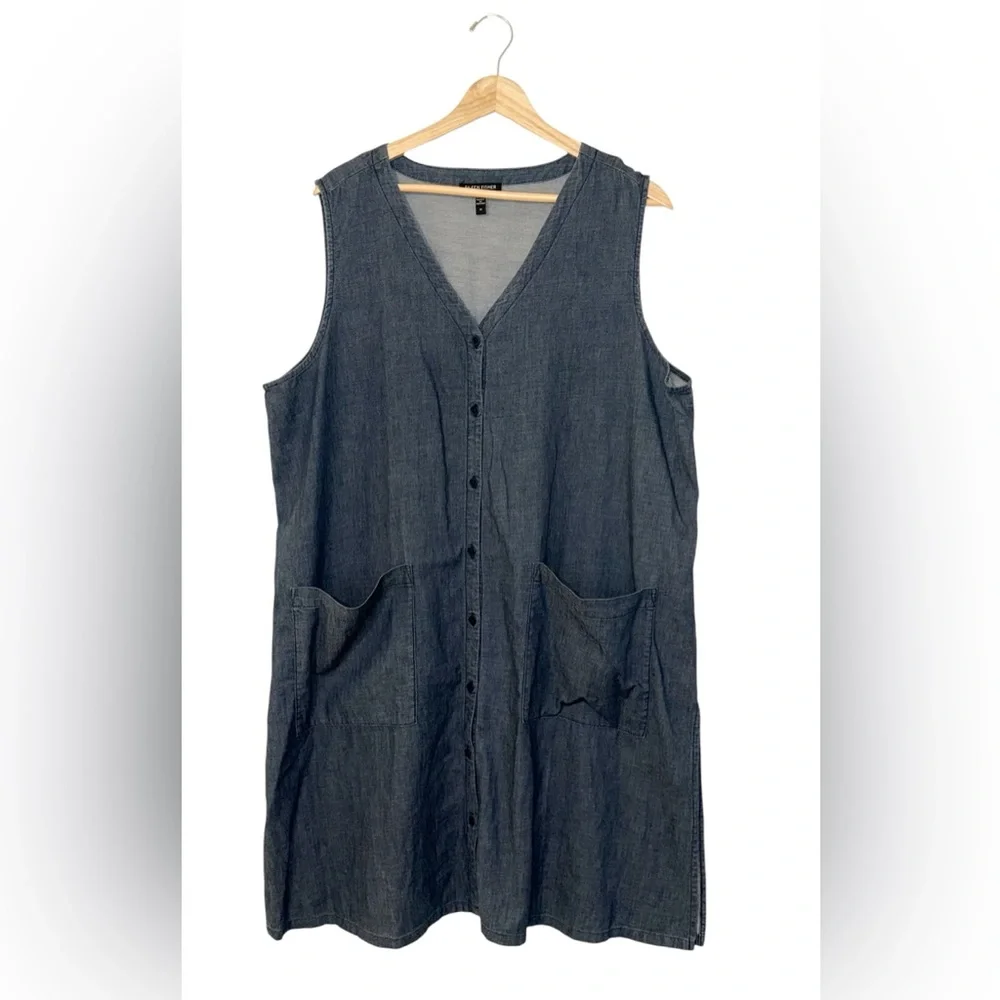 Eileen Fisher Twill Denim V Neck Long Tunic Top and Pants Set - Picture 2 of 14